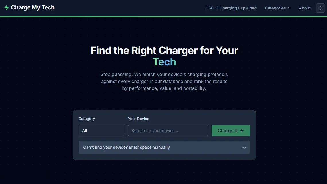 Charge My Tech landing page showing device and charger selection