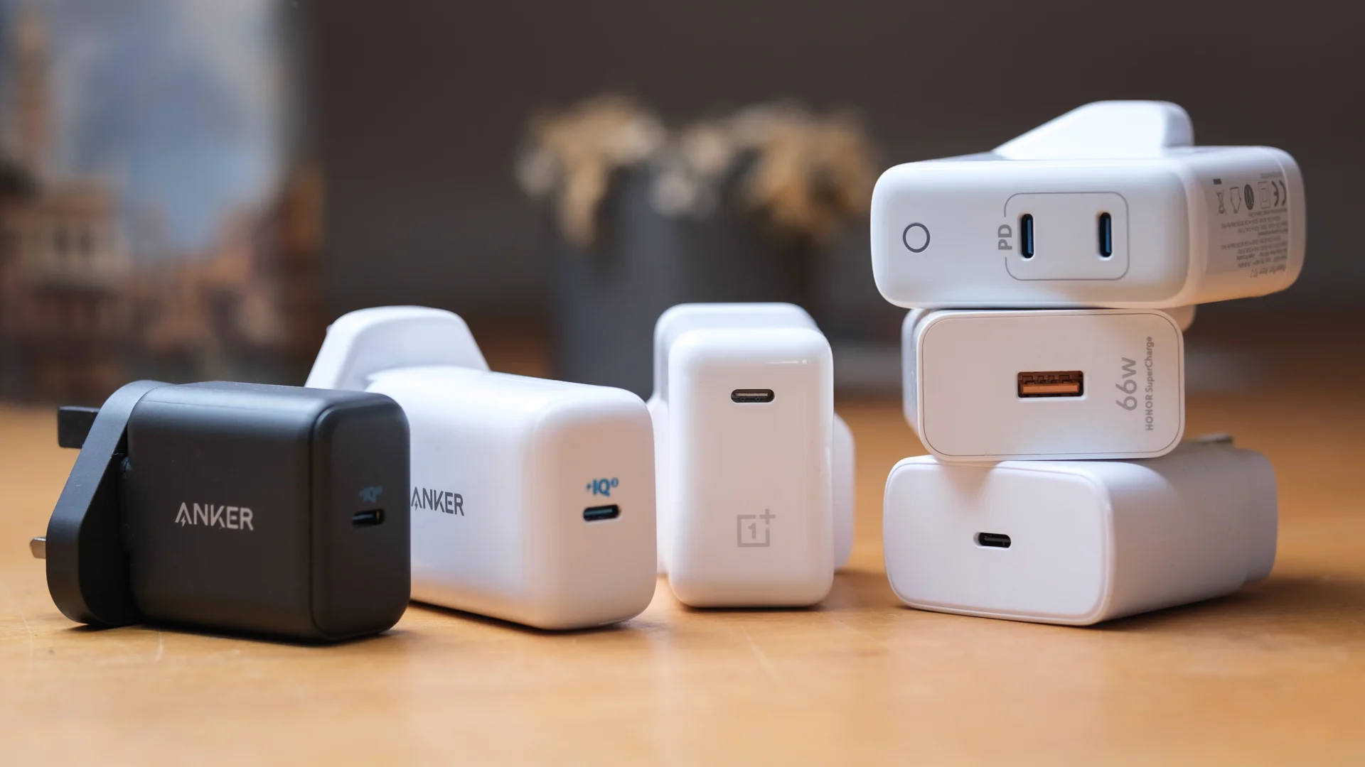 Phone alongside USB-C chargers