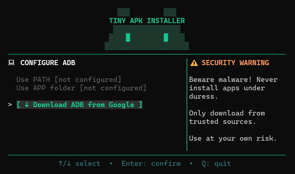 TinyAPK Installer terminal interface